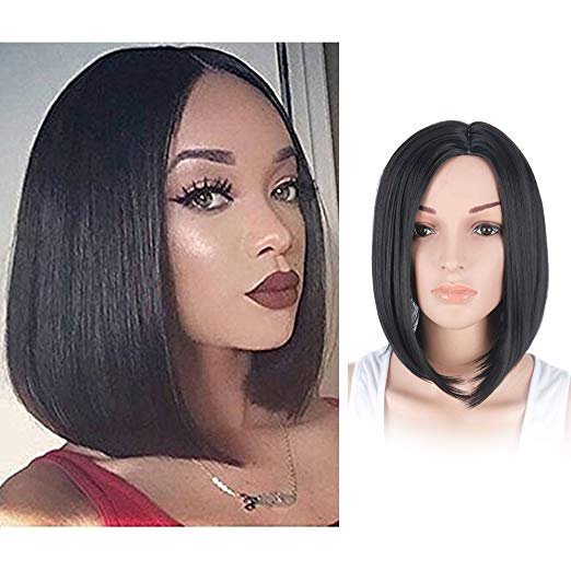 BARSDAR 14" Girl’s Short Bob Hair Wigs Straight Synthetic Colorful Christmas Cosplay Daily Party Wig for Black Women Natural Looking Heat Resistant As Real Hair-Black